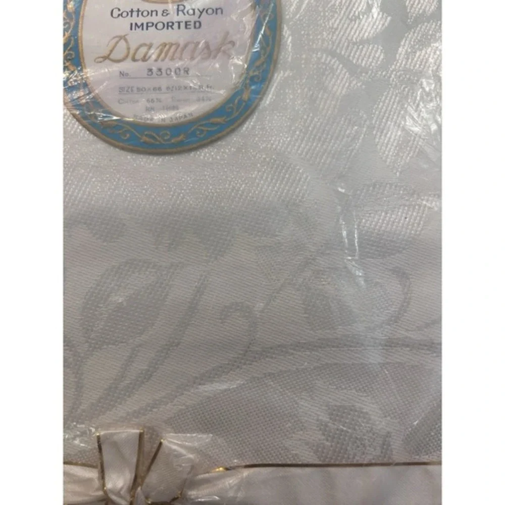 Vintage Damask Linen Tablecloth floral Cream cotton rayon Japan 50x66
